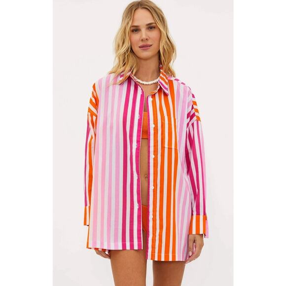 Beach Riot Alexa Striped Swim Cover Up Resort Shirt Long Sleeve Cotton Size PL - Picture 1 of 8
